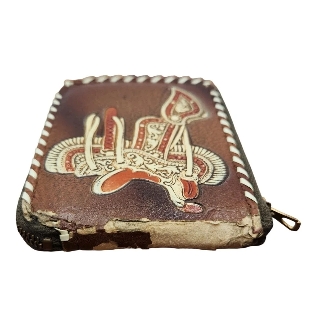 Vintage Tooled Leather Western Wallet Saddle Cowboy Boots Whipstitch Zip Brown